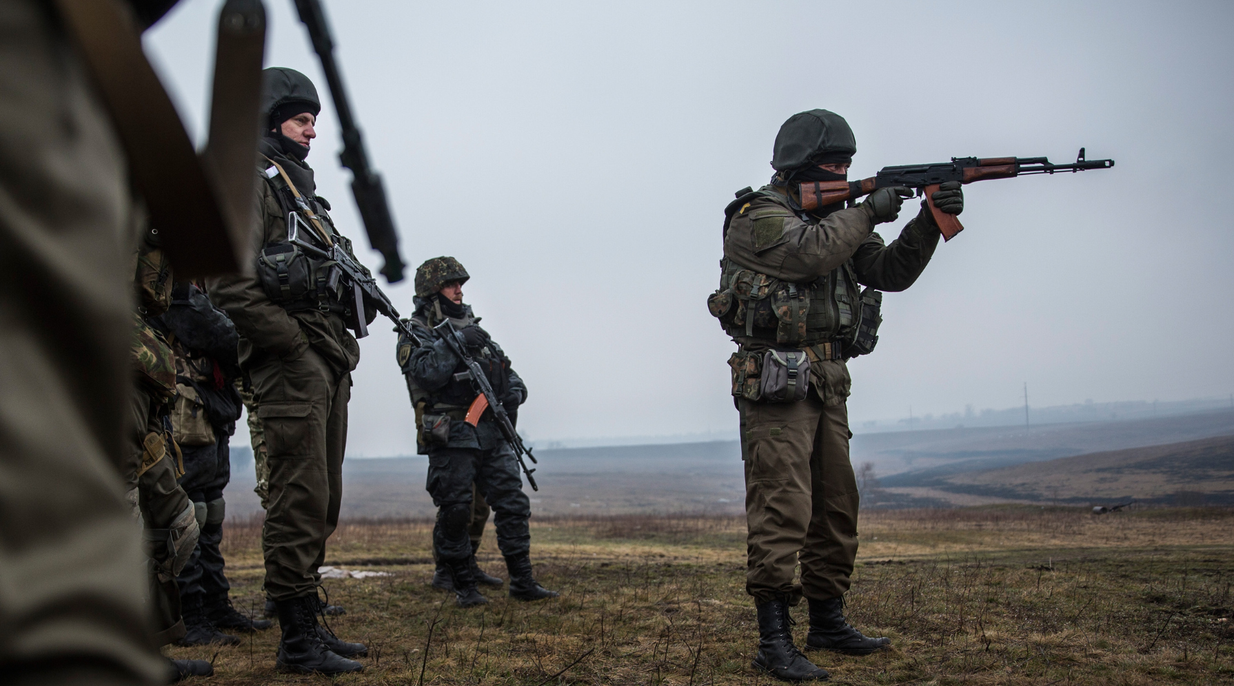 Members of the Ukrainian military practice field exercises.