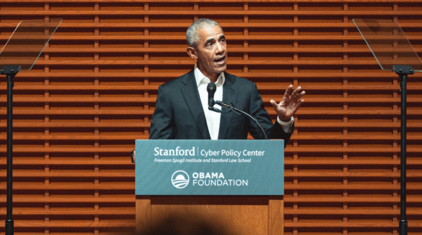 President Barack Obama delivers the keynote address at a symposium on disinformation hosted by the Stanford Cyber Policy Center and Obama Foundation