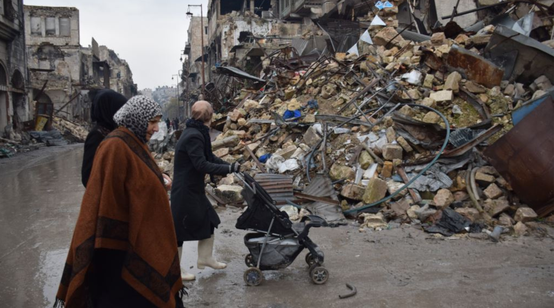 Civilians walk past ruined buildings in Aleppo, Syria.